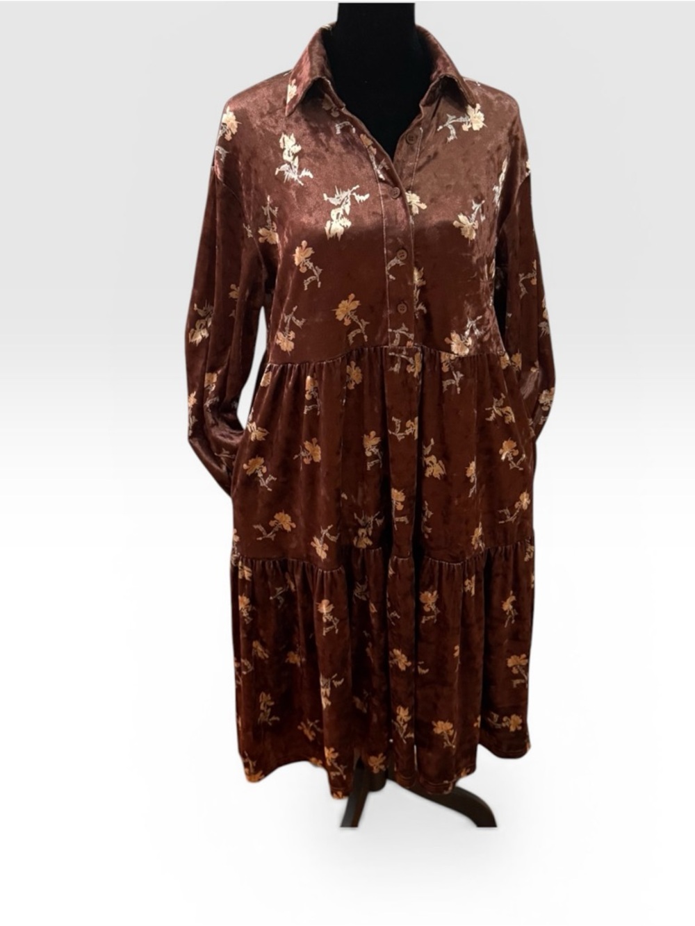Polagram Brown Velvet Dress Babydoll Tiered Fairy grunge Whimsigoth Size Small - Picture 2 of 16